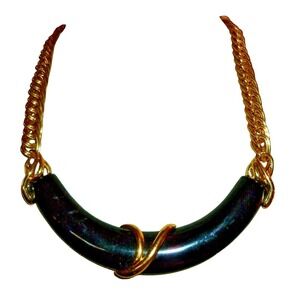 1980s Monet Statement Necklace Gold Chain Black Curved Pendant Unique Signed